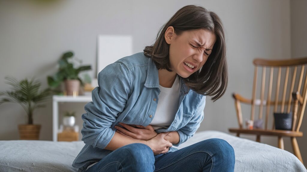 young woman in pain holding her stomach